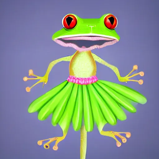 Prompt: fashion show with a super cute angry green tree frog dressed in a pink skirt,, photo realistic, matte image