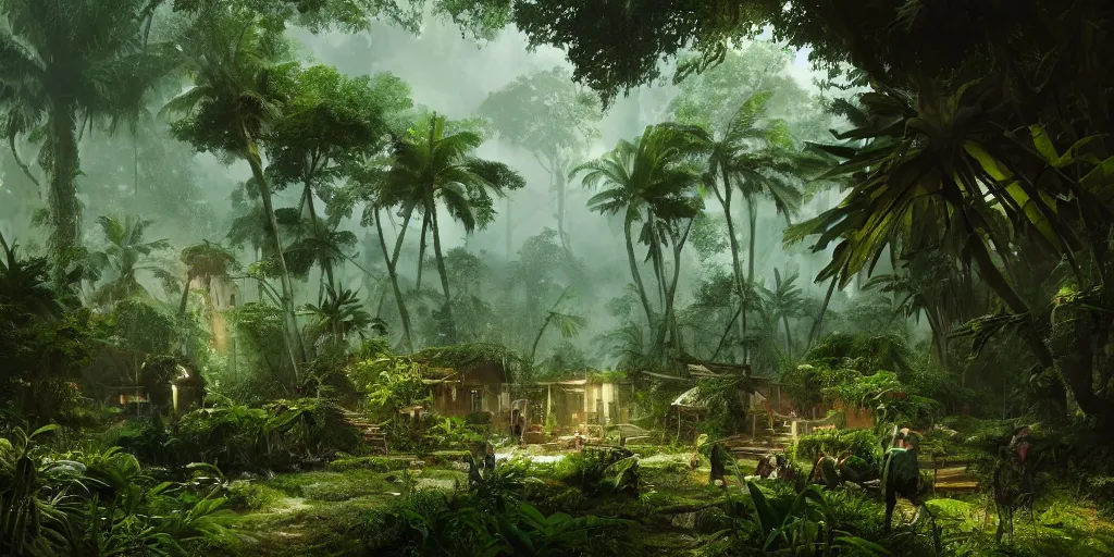 Image similar to high contrast render of a village hidden in the jungle by greg rutkowski, octane render, 8 k, artstation