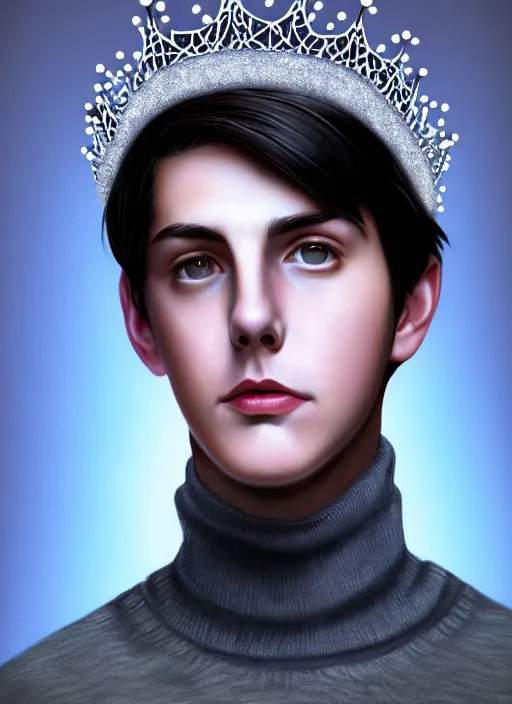 Image similar to portrait of teenage jughead jones wearing a light grey crown, crown, blue turtleneck, 1 9 5 0 s, closed eyes, photorealistic, black hair, glowing lighting, intricate, elegant, glowing lights, highly detailed, digital painting, artstation, concept art, smooth, sharp focus, illustration, art by wlop, mars ravelo and greg rutkowski