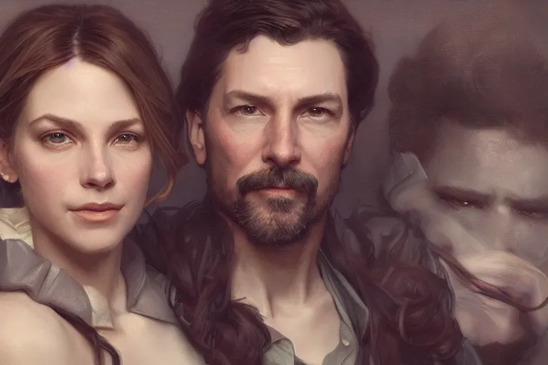 Image similar to portrait painting of scott galloway and kara swisher, ultra realistic, concept art, intricate details, serious, highly detailed, photorealistic, octane render, 8 k, unreal engine. art by artgerm and greg rutkowski and alphonse mucha