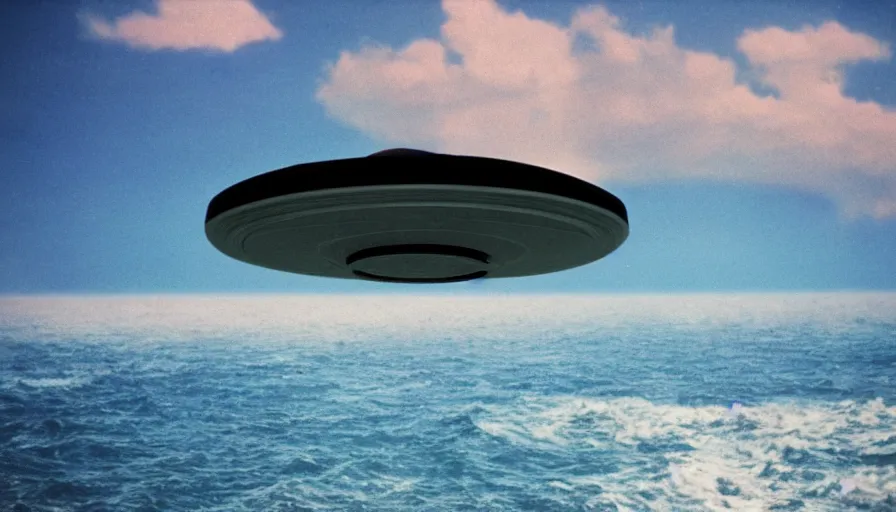 Image similar to 7 0 s film still of a ufo hovering above ocean, highly intricate, highly realistic, kodachrome, cinecolor, cinestill, photorealism, cinematic, film grain, film texture, vhs recording