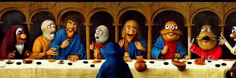 Prompt: the last supper on sesame street. art by hieronymus bosch