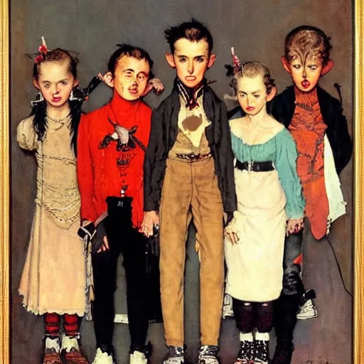 Prompt: Group portrait of a small punk vampire gang. Painting by Norman Rockwell.