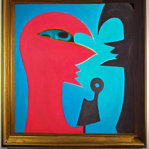 Image similar to Oil painting by Rufino Tamayo. Mechanical gods with bird faces kissing. Oil painting by Lisa Yuskavage.