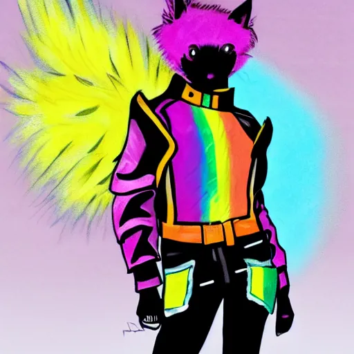 Image similar to wide angle full body, jacket wearing fluffy cute rainbow kitten wearing a black leather motorcycle jacket, concept art