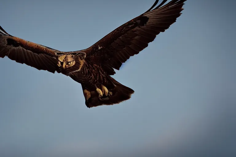 Image similar to a cat eagle!!! hybrid! hyper realistic!! realistic lighting!! wildlife photographer of the year!!! bold natural colors, national geographic, hd, wide angle, 8 k