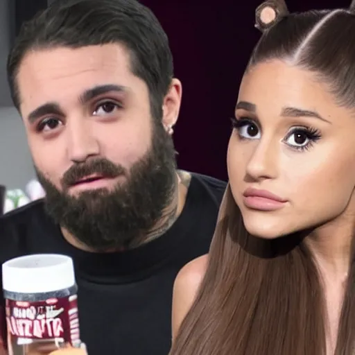 Prompt: ariana grande on the no jumper podcast, sitting down, no jumper podcast, realistic