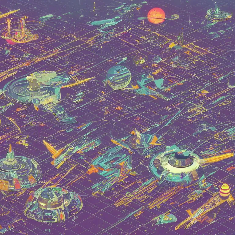 Image similar to isometric view illustration of a very lively space port , highly detailed, end of the day, by James Gilleard and Bruce Pennington