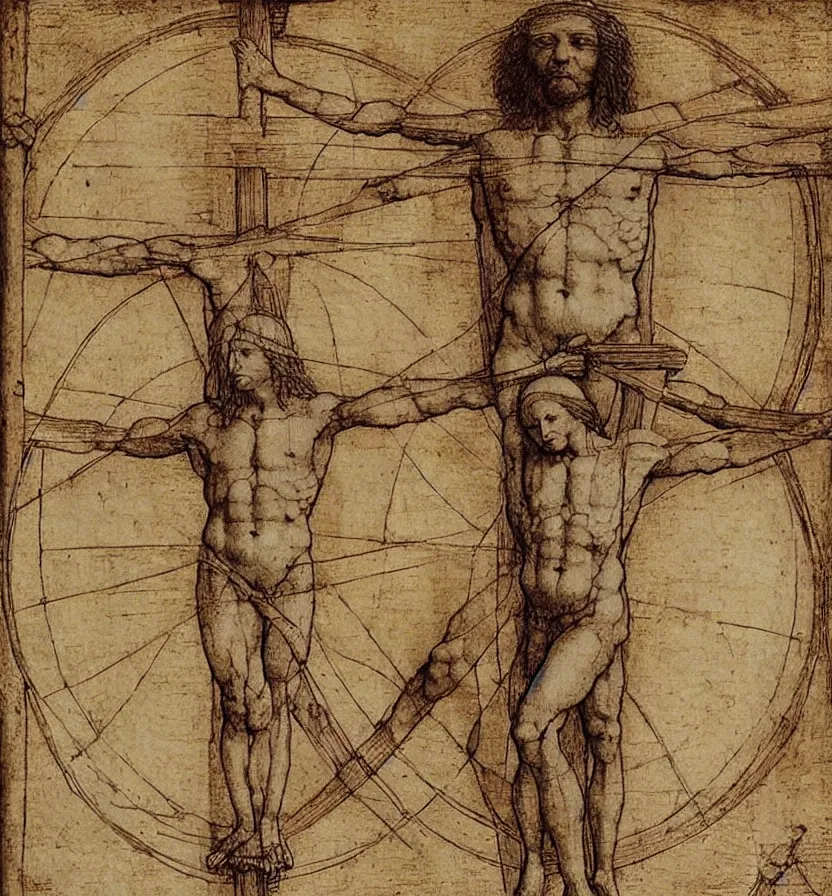 Image similar to Leonardo da Vinci\'s Vitruvian Man crucified on a cross