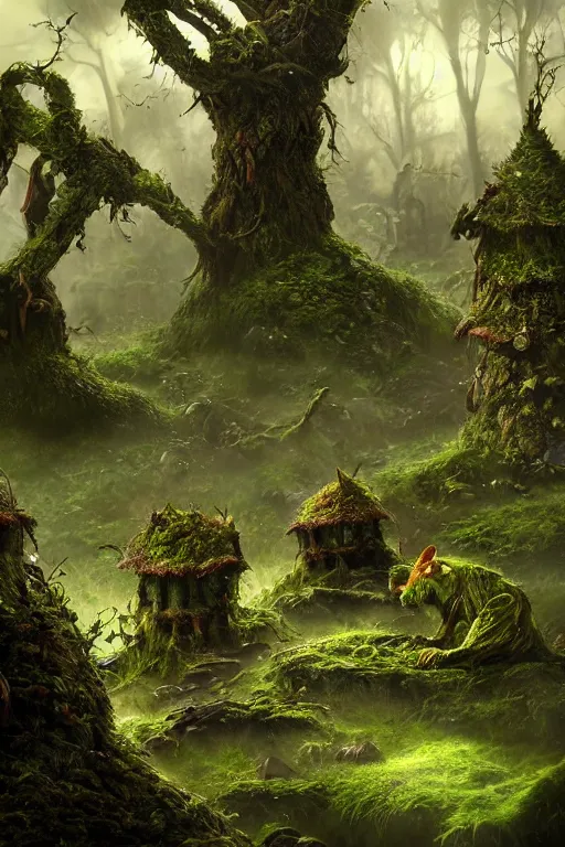 Image similar to a moss goblin village, dramatic lighting, cinematic, establishing shot, extremely high detail, foto realistic, cinematic lighting, post processed, concept art, high details, cinematic, 8k resolution, beautiful detailed, photorealistic, digital painting, artstation, concept art, smooth, sharp focus, artstation trending, octane render, unreal engine