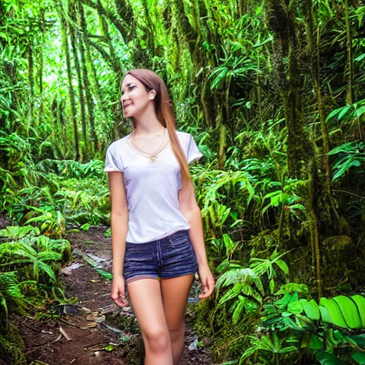 Image similar to a beautiful young woman with short shorts on walking through a rain forest, highly detailed, photograph, award winning, 8k, natural, natural lighting, natural beauty
