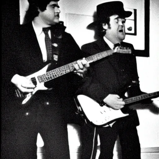 Prompt: john belushi wearing a black suit and black necktie and black fedora hat playing electric guitar in a darkened nightclub, 3 5 mm film still from 1 9 8 1, grainy.