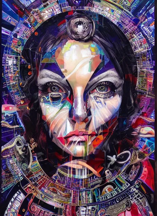 Image similar to gorgeous magic cult psychic woman smiling, third eye, subjective consciousness psychedelic, epic surrealism expressionism symbolism, story telling, iconic, dark robed, oil painting, symmetrical face, dark myth mythos, by Sandra Chevrier, Noriyoshi Ohrai masterpiece