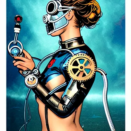 Prompt: a tarot card of a female diver with a oxygen mask intricate clockwork detailed mask with front profile by MARVEL comics and Sandra Chevrier