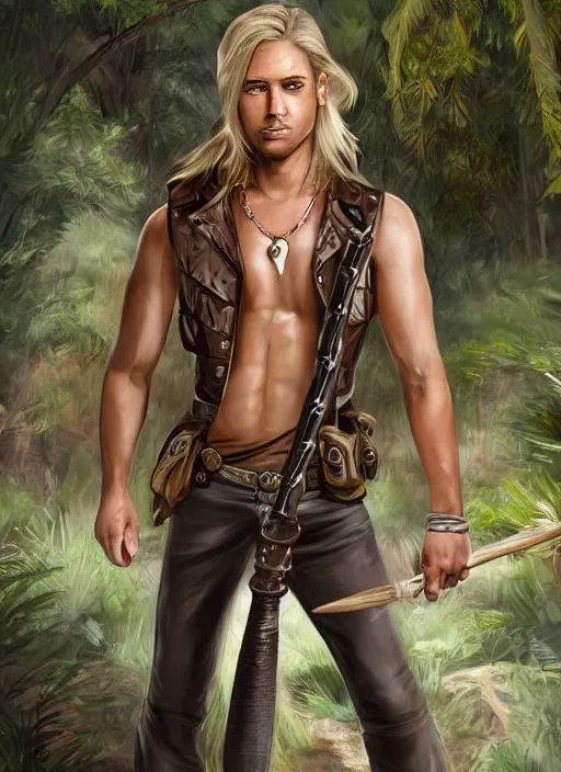 Image similar to a male ranger, dnd, wearing a leather vest and white linen pants, chiseled good looks, long swept back blond hair, puka shell necklace, with a bongo drum and nunchucks, digital art