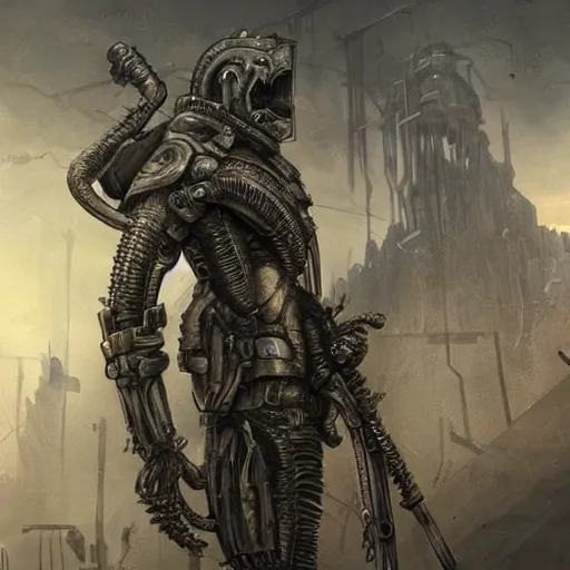 Prompt: Post-apocalyptic knights in the style of H.R. Giger trending on artstation deviantart Pinterest detailed High Resolution HD 8k