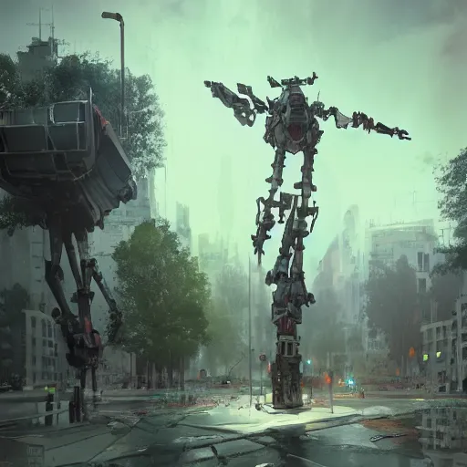 Image similar to six feet tall mech fighting in an urban environment, by gaudi, by ismail inceoglu, octane render, by weta digital, cinematic lighting, bump mapped, lumen reflections, ambient occlusion, action scene screenshot, epic scale, trending on artstation