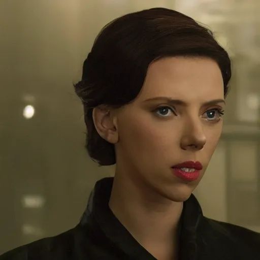 Image similar to a beautiful medium - shot still of scarlett johansson from ghost in the shell looking off into the distance, a - line bob hairstyle, black hairs, ultra realistic, soft, blue hour, soft neons light from night city falling on her face. focus on her eyes and brows. by annie leibowitz