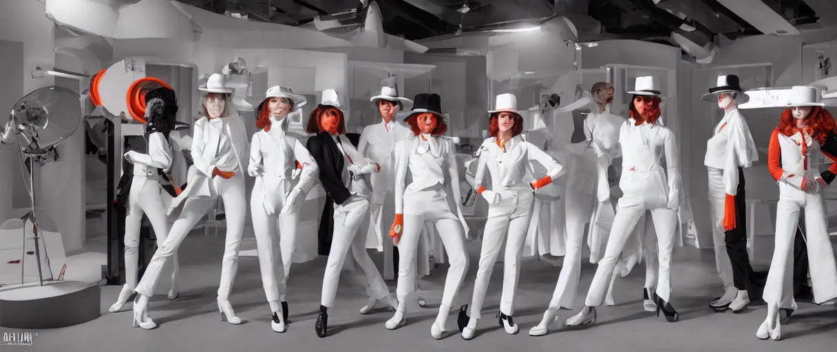 Prompt: a wide angle shot of a clockwork orange female droog gang, beautiful soft features, designed by artgerm and a red pininfarina sportscar in the background hdr, 8 k, hyperrealistic, volumetric lighting