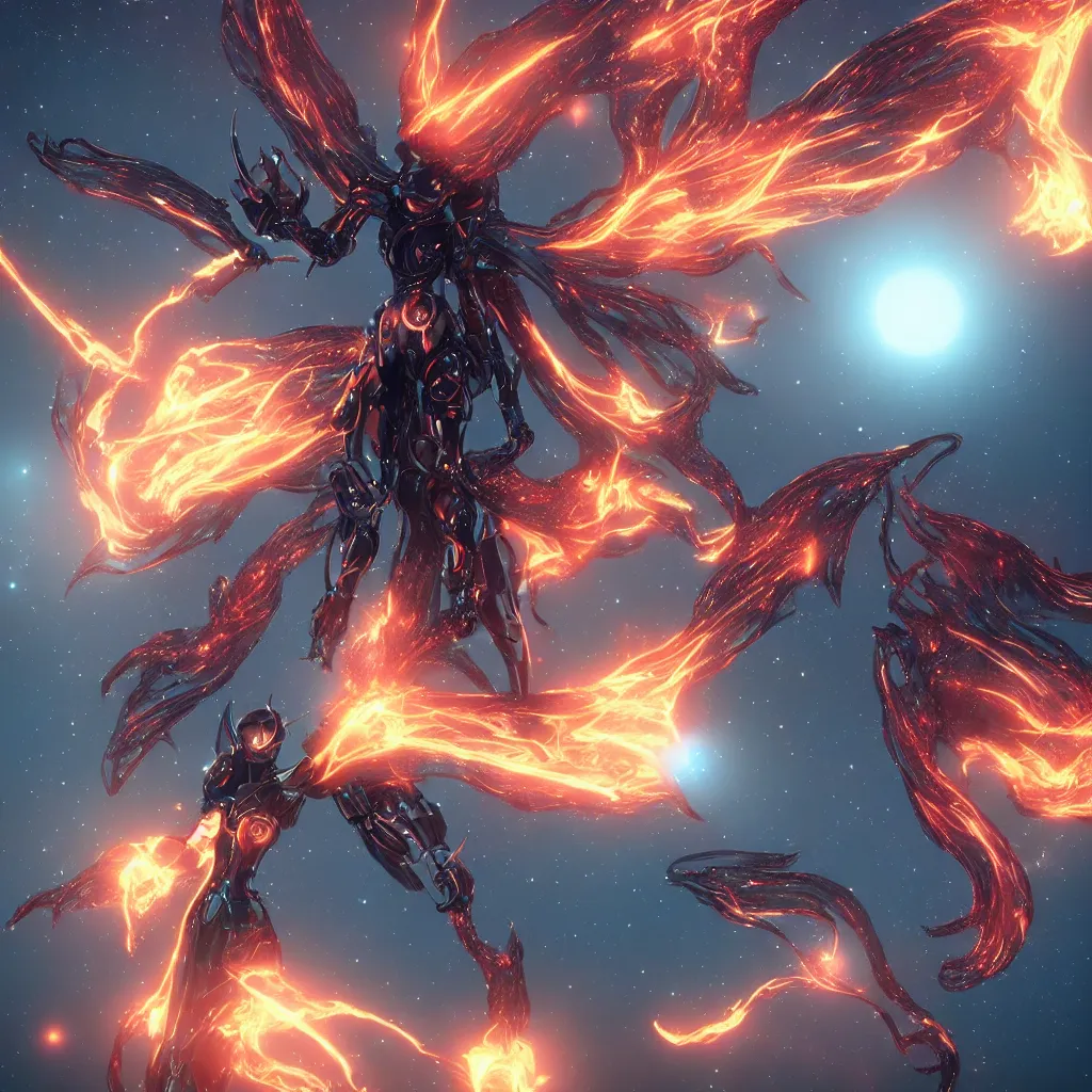 Image similar to the most beautiful cosmic android robot female devil, long glowing horns, huge wispsy wings, devil wings, into the cosmic sun, photo pic by unreal engine