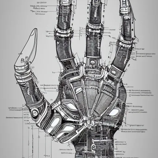 Prompt: parts diagram of a cybernetic hand with all parts labeled, intricate and detailed assembly drawing of a cybernetic hand 🤖 hand 🦾, symmetrical fine details, jaw dropping details, fantasy concept art, hyper realistic illustration, 8 k, artstation