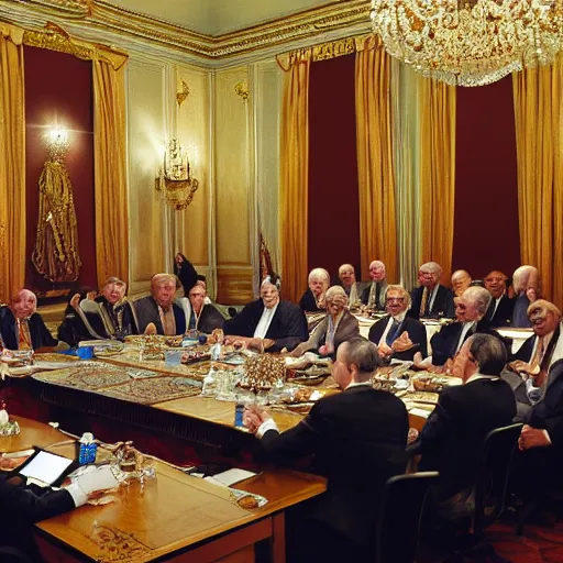 Prompt: 8k photo of a queen addressing a cabinet meeting. Nikon, beautiful lights, golden