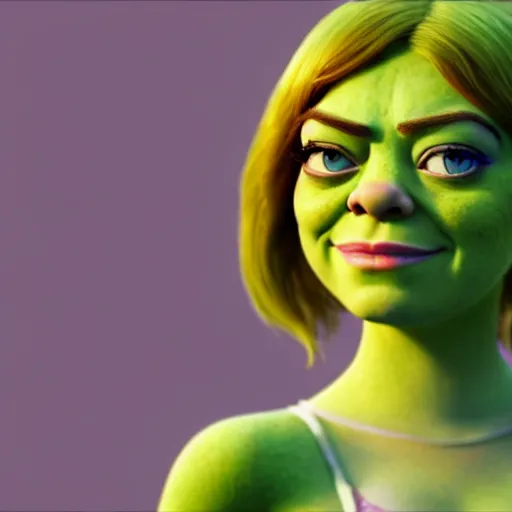 Prompt: Emma Stone as a female version of Shrek, she has shrek nose, ears features, with green skin, fully detailed, high quality , 4k , octane render , soft lightening , masterpiece