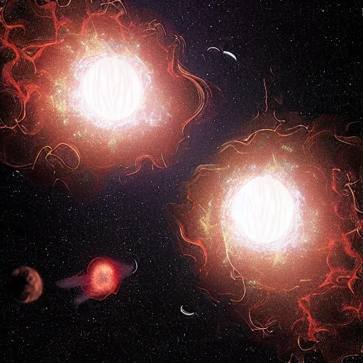 Image similar to “exploding collision between two neutron stars, creepy lighting, photorealistic”