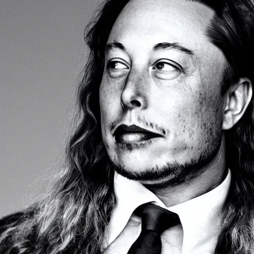 Prompt: A portrait photo of Elon Musk but he is an old hippie