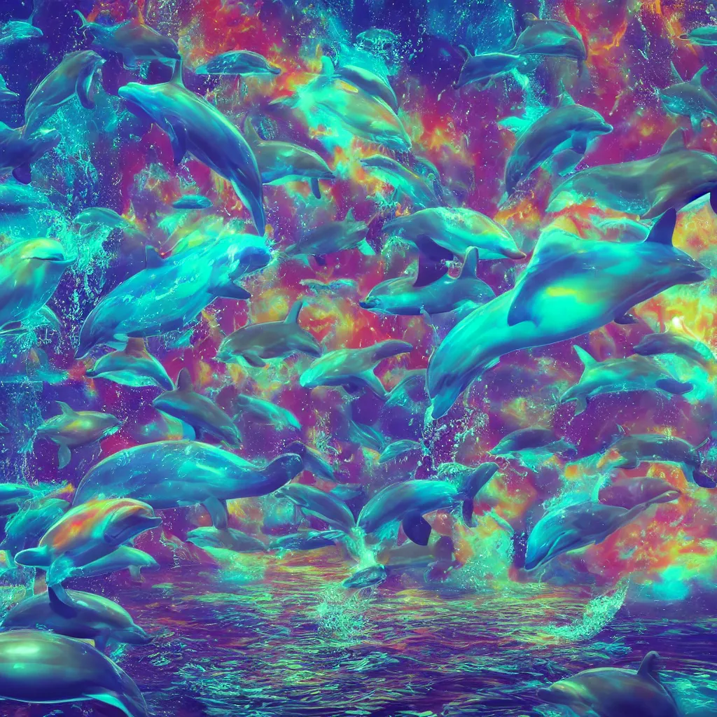 Prompt: magical psychedelic dolphins diving in dmt psychedelic universe liquid, octane render, 8k, extremely detailed