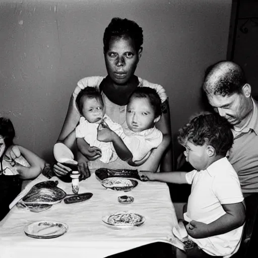 Prompt: black and white photograph of family at table by Eugene Richards