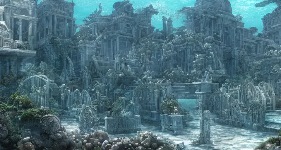 Prompt: the lost city of Atlantis, underwater, fully built buildings, white marble, hyper detailed, 4K