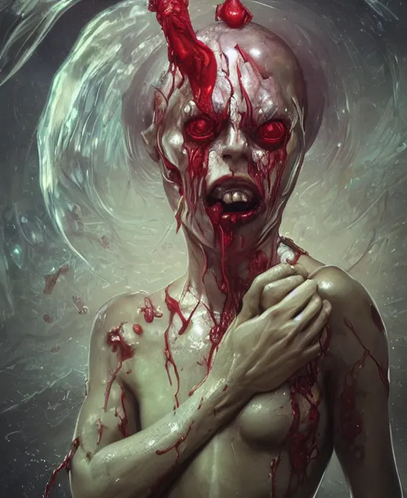 Image similar to portrait of a bloodied slime dripping geometric angular genderless insect alien monster, muscles, rippling, space warping and twisting, ultra realistic, concept art, intricate details, eerie, highly detailed, photorealistic, octane render, 8 k, unreal engine. art by artgerm and greg rutkowski and alphonse mucha