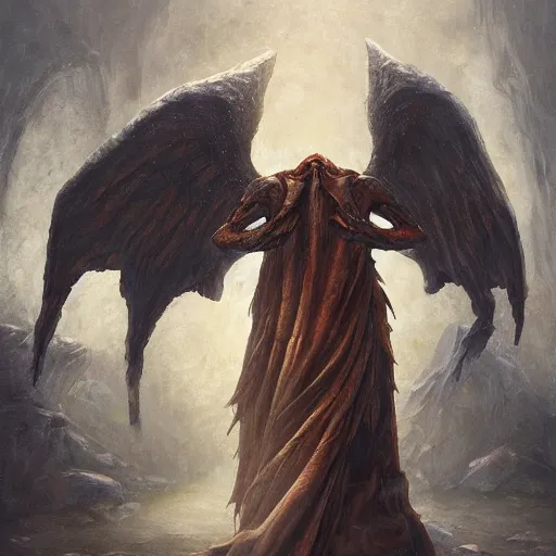 Image similar to polished hewn rectangular granite rock with a demon face, wings sprouting from the back, fantasy, oil painting, style of seb mckinnon