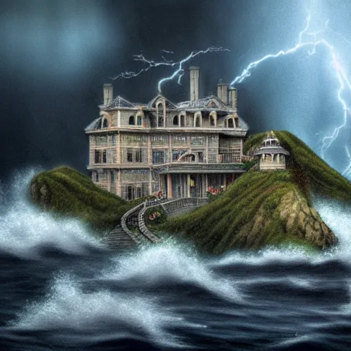 Image similar to Ultra Realistic Hyper detailed Fantasy view of a Haunted Mansion overlooking the cliffs edge where ocean waves are crashing during a lightning storm