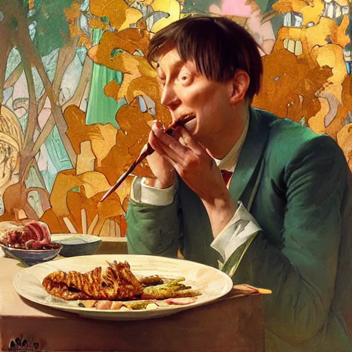 Prompt: kenneth williams eating a kebab, nier autoamata, highly detailed painting by ilya kuvshinov, alphonse mucha, gaston bussiere, craig mullins, j. c. leyendecker