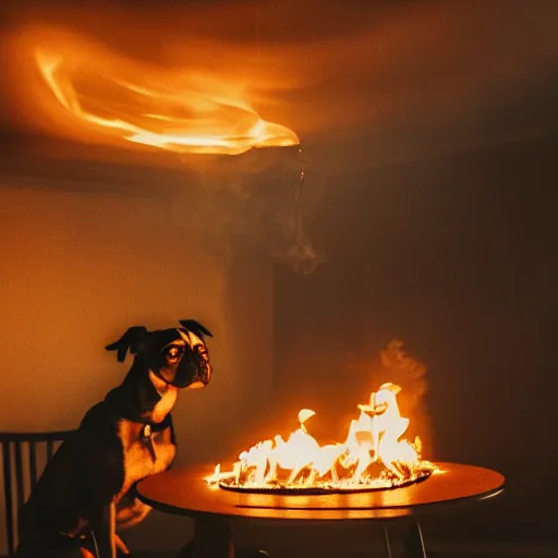 Image similar to a photograph of a room on fire, only remains a wooden table and a chair, an human-like relaxed dog sitting at this table, ☕ on the table, surrounded by flames, a lot of flames behind the dog, smoke under the ceiling