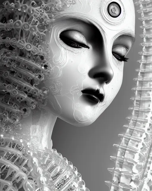 Image similar to mythical dreamy black and white organic translucent bio-mechanical spinal ribbed profile face portrait detail of mechanical beautiful female angelic-snowy-human-doll, highly detailed, intricate crystal jelly steampunk ornate, poetic, 3D render, digital art, octane render, 8K artistic photography, photo-realistic, by Dora Maar