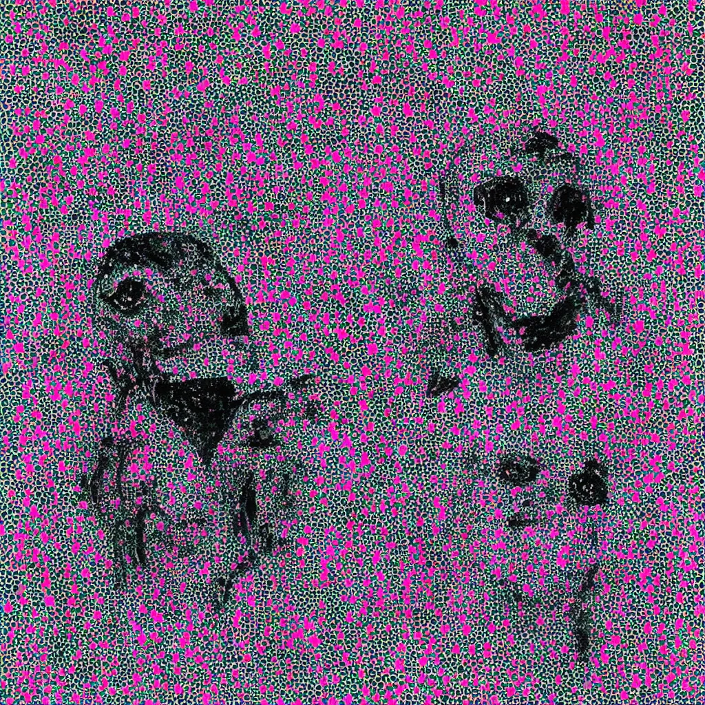 Image similar to camo made of out teeth, smiling, abstract, maya bloch artwork, pink convertible, do hoang tuong artwork, cryptic, dots, stipple, lines, splotch, concrete, color tearing, pitch bending, faceless people, tribal, dark, ominous, eerie, minimal, points, technical, painting