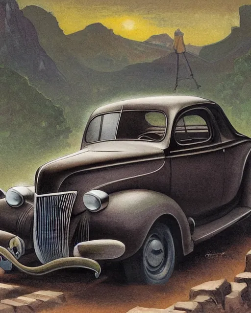 Image similar to medium shot portrait of a prohibition era moonshiner with detailed features, dusty 1940 ford coupe in the backdrop, dutch camera view, dirt, Appalachian mountains, sharp focus, illustration, highly detailed, oil painting, matte, art by Greg Rutkowski and Alphonse Mucha, masterpiece