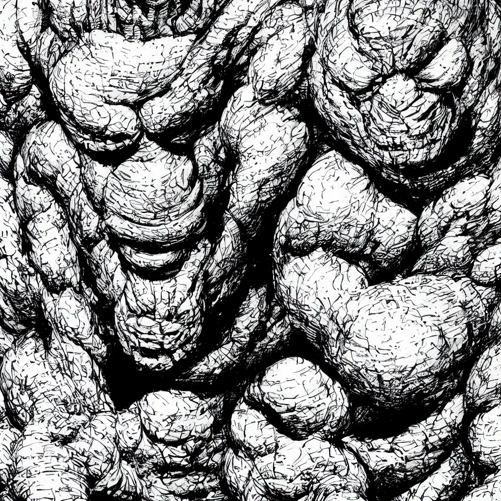 Image similar to A dramatic close-up portrait of Ben Grimm The Thing as illustrated by Jack Kirby, highly detailed, 8k, sparse dark atmosphere, perfect pen and ink line art, large hulking figure, highly hyperdetailed and precisely inked, perfect facial symmetry, futuristic, cosmic, full color Marvel Comics 1968, Fantastic Four, dim lights, high technical detail