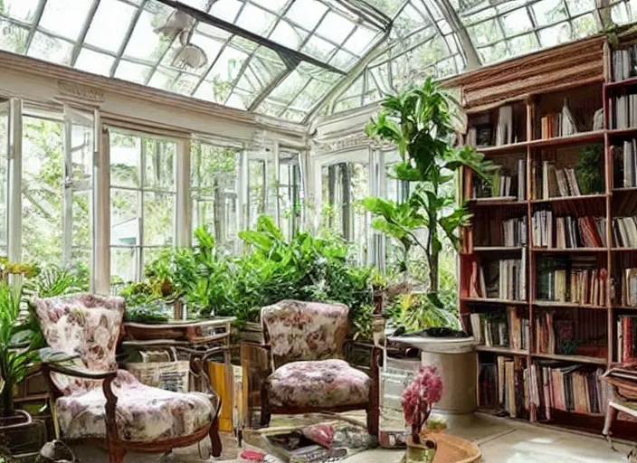 Prompt: beautiful home library in a glass conservatory, vintage chairs and plants, forest outside, raining, interior design