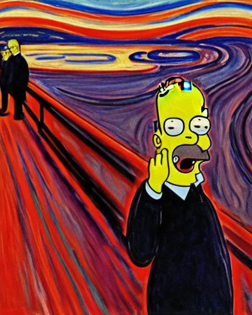 Image similar to a painting of homer simpson in the scream by edvard munch