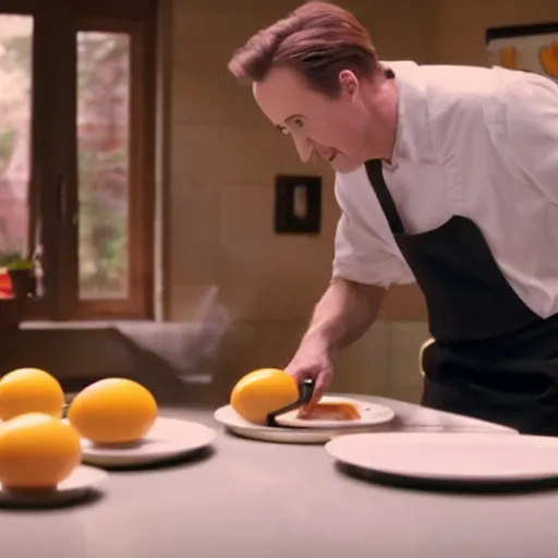 Image similar to an egg frying in a pan with edward norton as the yolk, cinematic, dramatic lighting