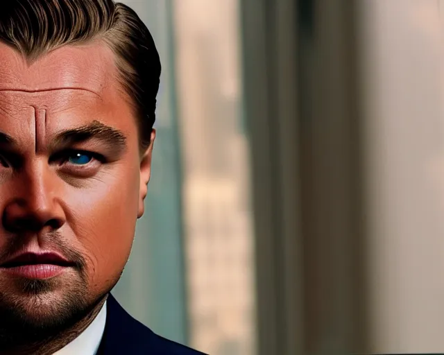 Prompt: leonardo dicaprio as the wolf of wall street, cinamtic, long shot, hyper detailed, realistic face, 8 5 mm photograph, 8 k resolution, film still, sharp lens, wide lens