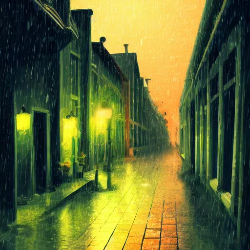 Image similar to a cute orange tabby cat with green on an old street, it is night and raining, street lamps are illuminating the street, moody lighting, peaceful atmosphere, digital art, highly detailed, high contrast, beautiful lighting, award winning, trending on art station, 8 k,