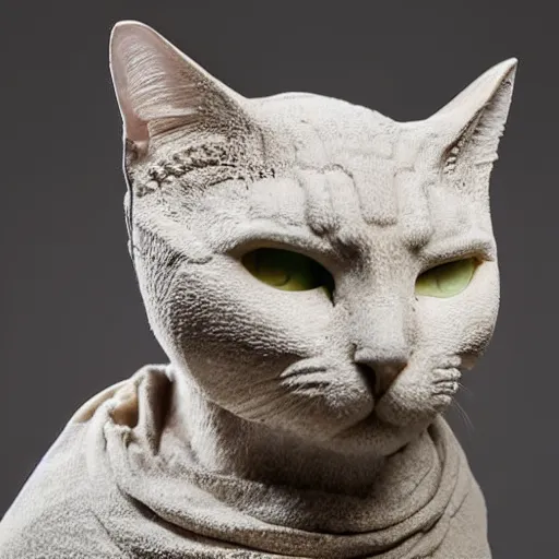 Image similar to close - up museum photo of an ancient limestone statue of a cat in a hoodie, greece, rome, studio lighting, professional, promo,