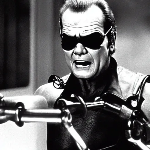 Image similar to Jack Nicholson plays Terminator, scene where his endoskeleton is exposed