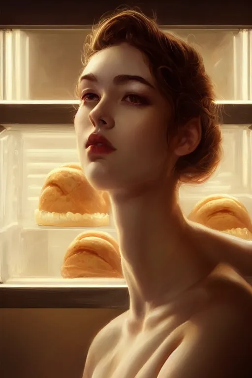 Image similar to portrait of a beautiful model in a bakery presenting a roll, dramatic lighting, highly detailed, digital painting, artstation, concept art, smooth, sharp focus, illustration, art by wlop, mars ravelo and greg rutkowski