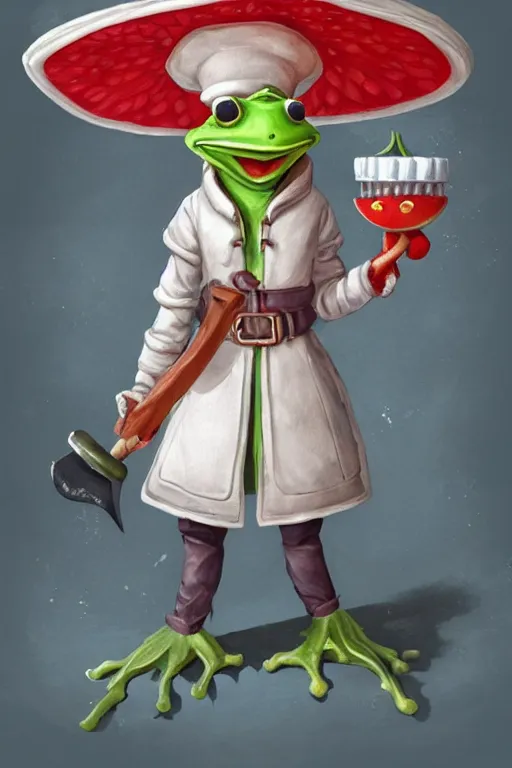 Image similar to cute anthropomorphic frog wearing a white butcher coat with a white butcher hat and holding a cleaver, cutting a wipe red watermellon, tiny, small, miniature frog, baby animal, short, pale blue armor, cute and adorable, pretty, beautiful, DnD character art portrait, matte fantasy painting, cgsociety Artstation, by Jason Felix by Steve Argyle by Tyler Jacobson by Peter Mohrbacher, cinematic lighting